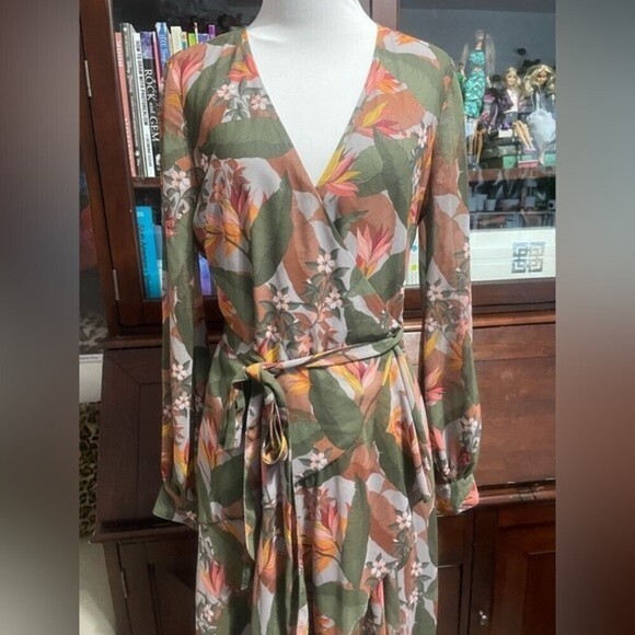 BADGLEY Mischka Multi Floral Ruffle Midi Faux Wrap Dress. - Picture 5 of 15